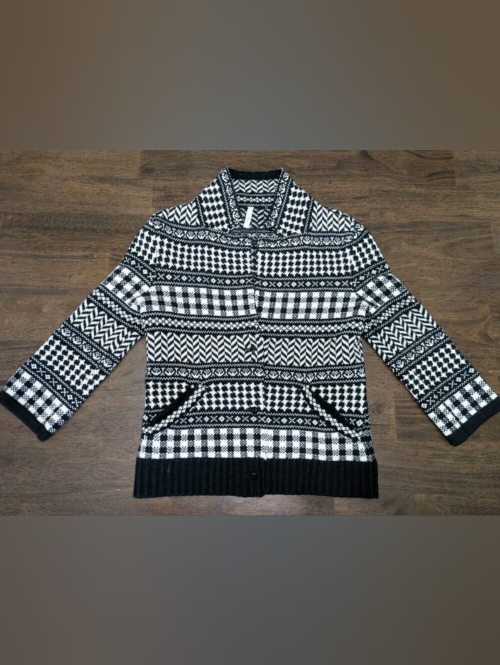 IISLI Womens Fair Isle Knit Cardigan - Black / White Mixed Print - XS